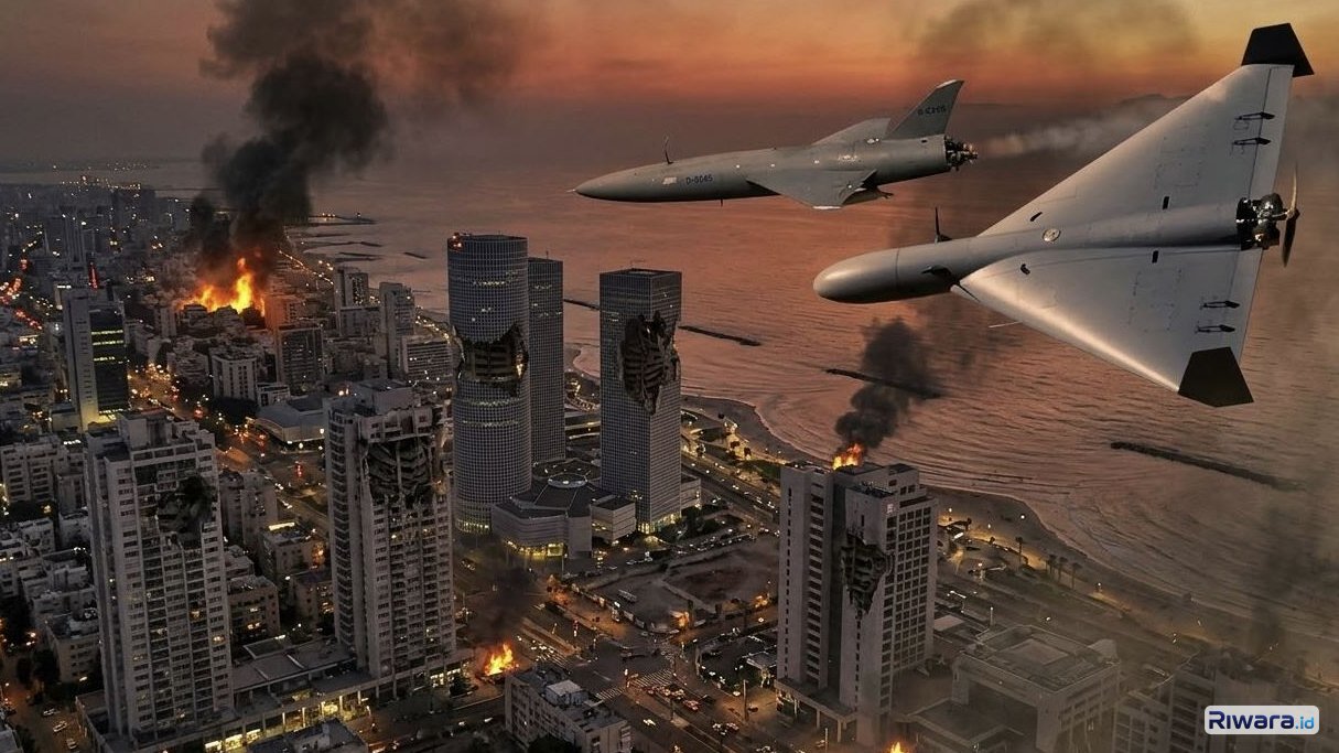 Ilustrasi serangan drone Shahed 136 dan Arash 2 milik Iran menghajar kota di Israel, dibuat dengan bantuan AI